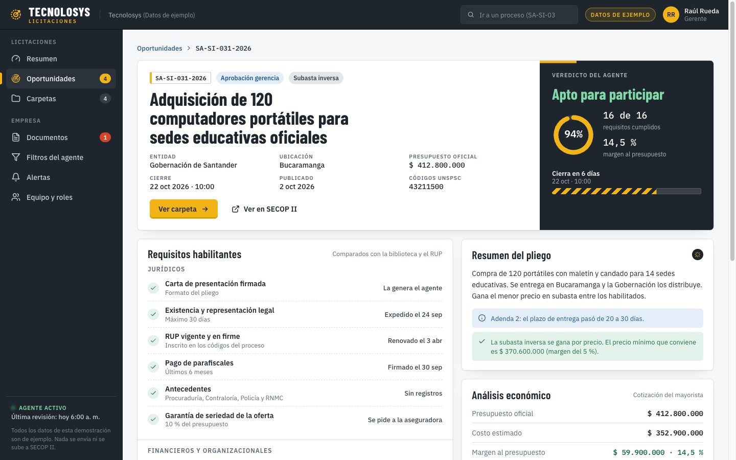 Análisis de un proceso: veredicto del agente, requisitos habilitantes y análisis económico.